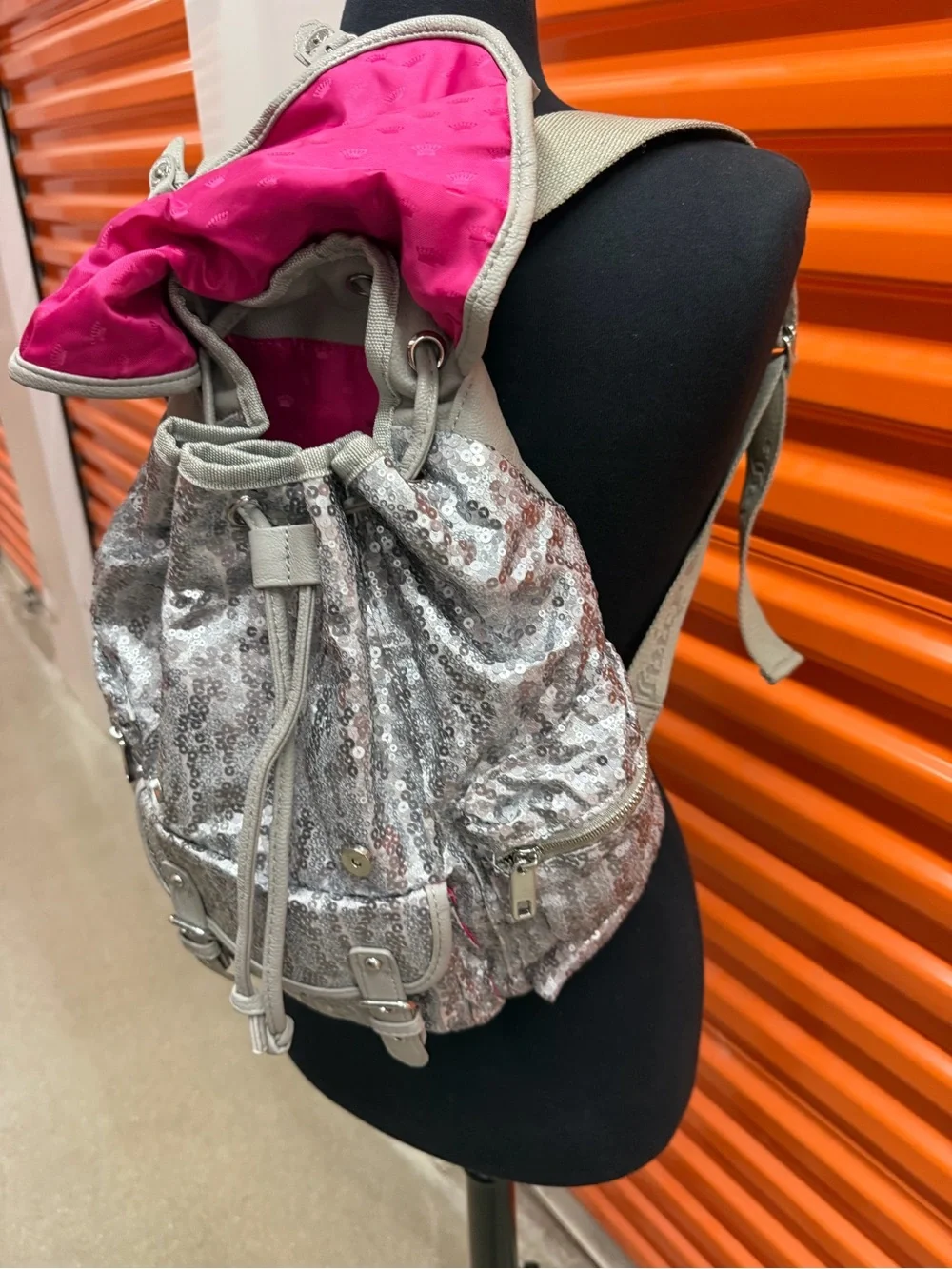 NWT Juicy Couture Silver Sequin Backpack with Buckle Details